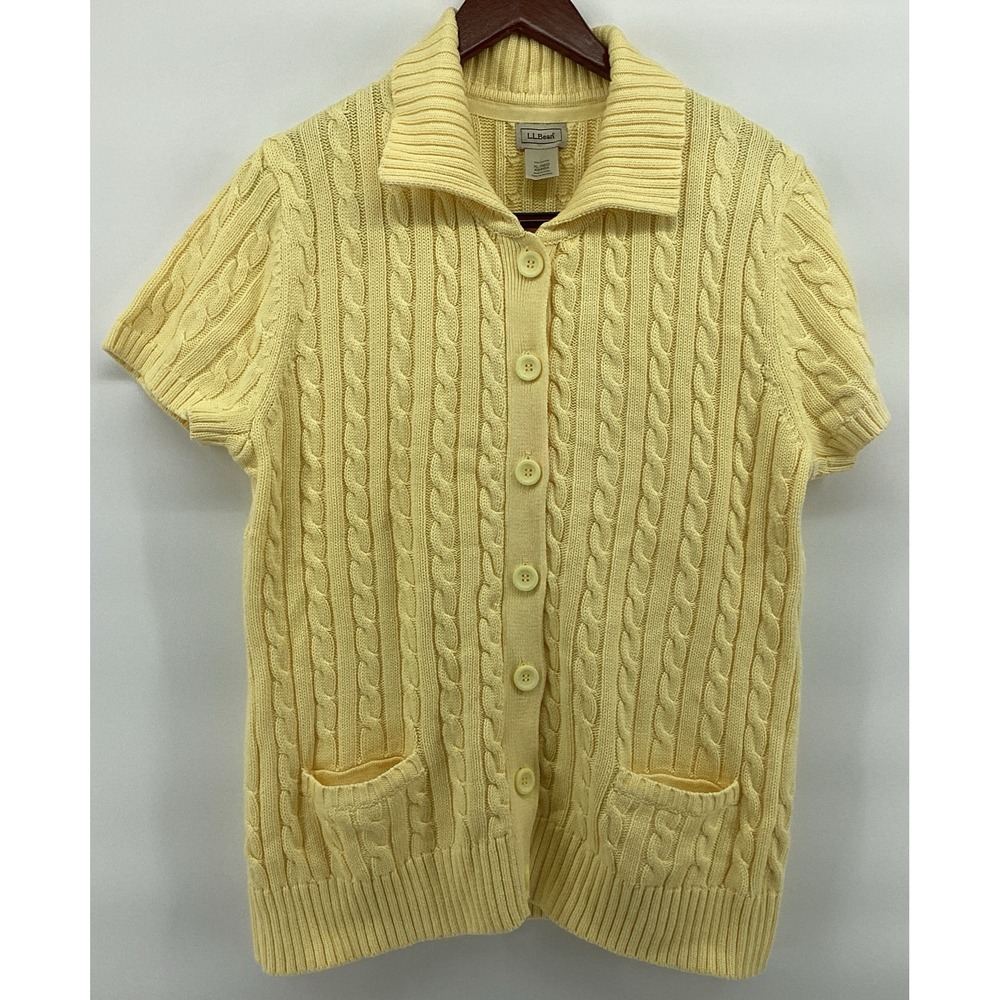 L.L. Bean Yellow Short Sleeve Sweater 100% Cotton, Button Down, Cable Knit SZ XL